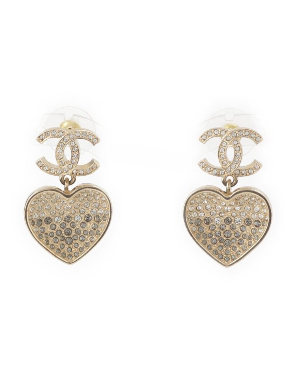 Chanel Metal Rhinestone CC Logo Heart Earrings Black Gold